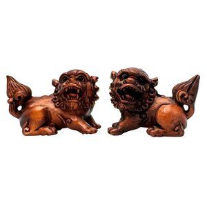 Ojime Netsuke 2 Foo Dog Lion Figurines Hand-Carved Boxwood Signed No Hole #1.2